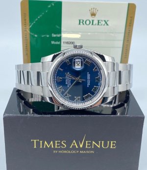 Preowned Discontinued Rolex Datejust 36 Stainless Steel Oyster Smooth Bezel 116200 “Blue Roman”