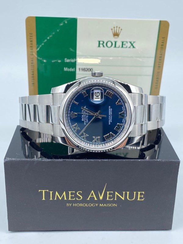 Preowned Discontinued Rolex Datejust 36 Stainless Steel Oyster Smooth Bezel 116200 “Blue Roman”