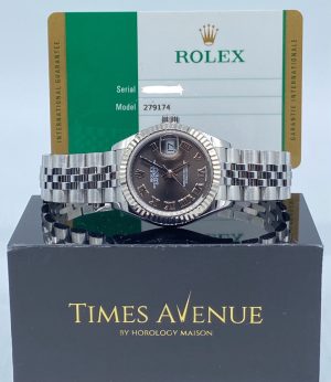 Preowned 2019 Feb Rolex Datejust 28 Stainless Steel Jubilee Fluted Bezel 279174 “Dark Grey Roman”