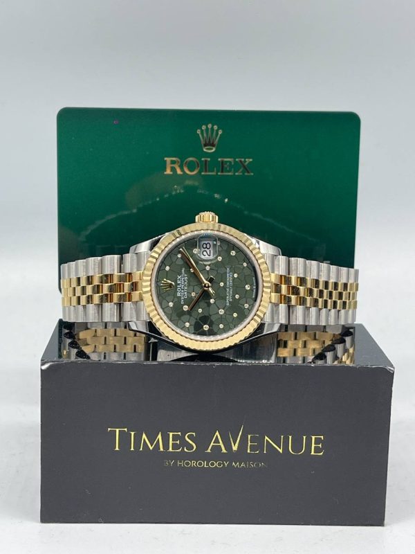 NOS 2025 Rolex Datejust 31 278273 olive green floral motif dial with 24 diamonds on fluted Jubilee bracelet.