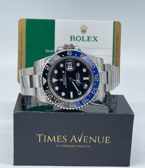 Preowned Discontinued 2016 Feb Rolex GMT Master 2 Stainless Steel 116710BLNR Oyster “Batman”