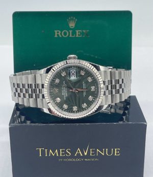 Brand New 2024 Apr Discontinued Rolex Datejust 36 Stainless Steel Jubilee Fluted Bezel 126234 “Green Palm Motif 10PT Diamond”