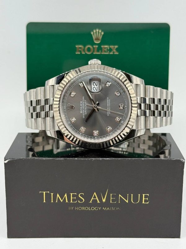 Mint condition Rolex Datejust 41mm 126334 in stainless steel and 18k white gold, featuring a slate sunray dial with 10pt factory diamond markers, fluted bezel, and Jubilee bracelet in Singapore.