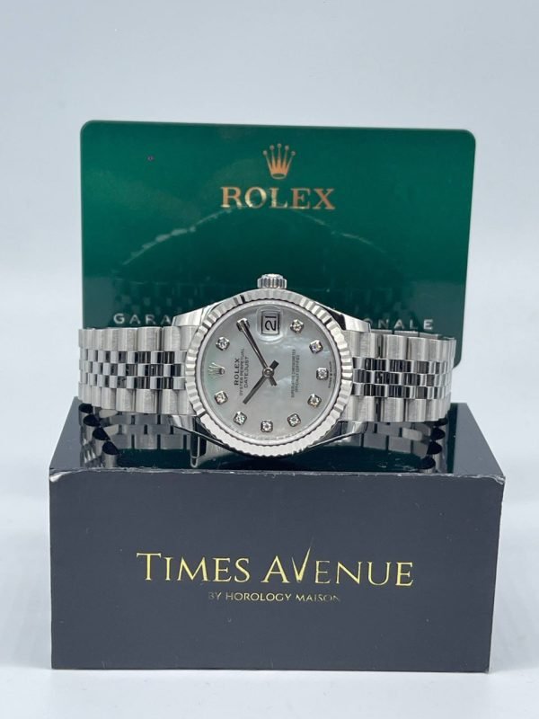 Brand new 2025 Rolex Datejust 31 278274 white mother of pearl dial with 10 diamonds and Jubilee bracelet in Singapore.