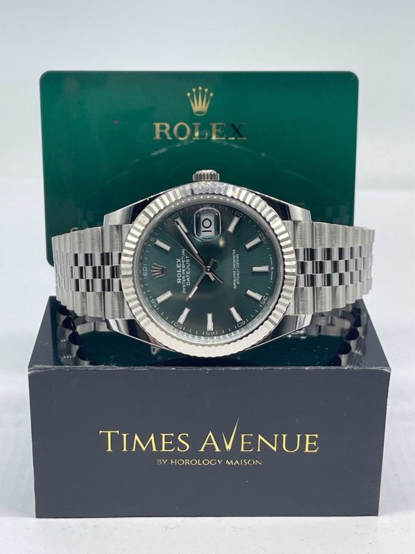 New 2026 Rolex Datejust 41 126334 mint green sunray dial 18k white gold fluted bezel and Jubilee bracelet.