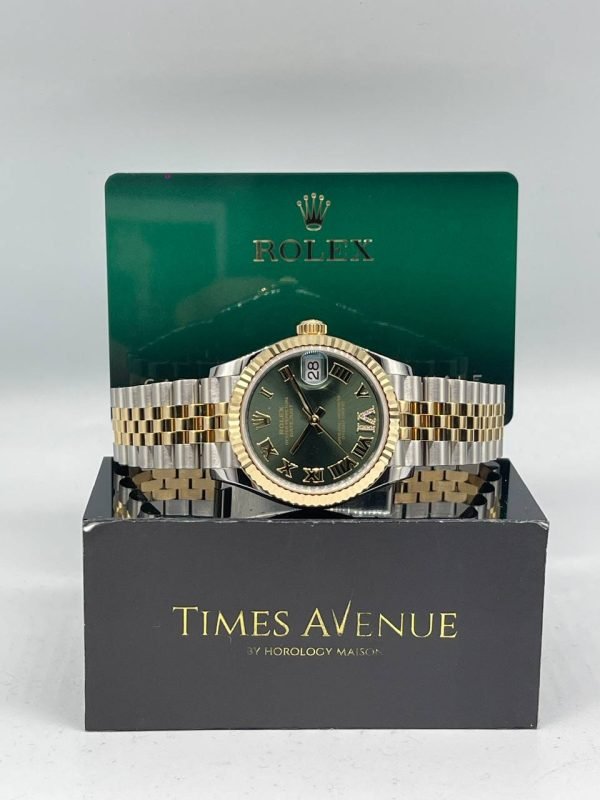 New 2026 Rolex Datejust 31 278273 olive green dial with diamond set Roman numeral six on two tone Jubilee bracelet.