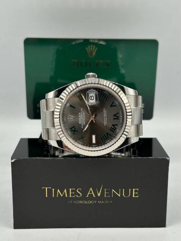New May 2026 Rolex Datejust 41 126334 Wimbledon slate roman dial fluted bezel and Oyster bracelet in Singapore.