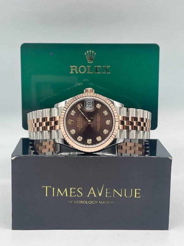 Mint condition 2025 Rolex Datejust 31 278271 Everose gold steel watch with chocolate 10pt diamond dial in Singapore.