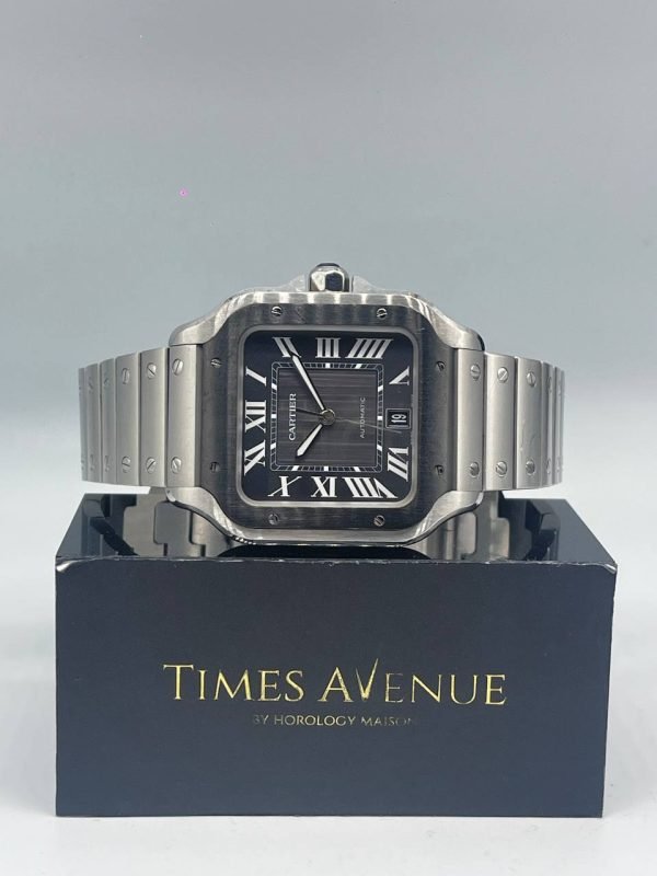 Preowned 2020 Santos de Cartier Large WSSA0037 steel watch with grey dial and black ADLC bezel in Singapore.